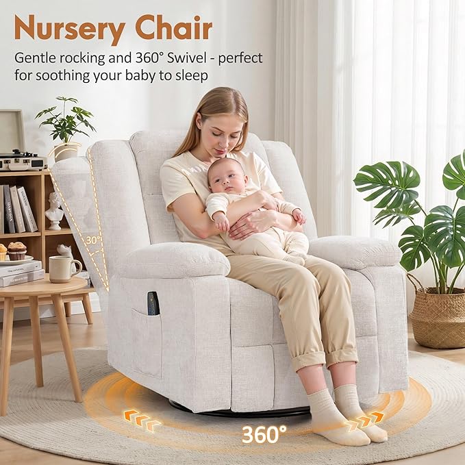 Rocker Recliner Chair for Adults 360° Swivel Rocker Recliner with Massage and Heating Nursery Rocking Chairs with Side Pockets Manual Reclining Chair for Living Room Bedroom or Nursery