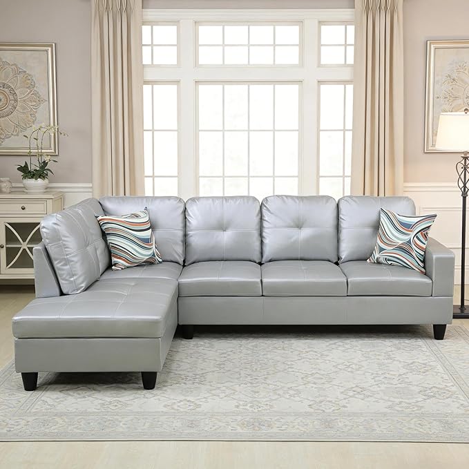 103.5 Inch Modern L-Shaped Couch PU Leather Sectional Sofa with Chaise Lounge 4-Seater Couch with Accent Pillows for Living Room Apartment Silver
