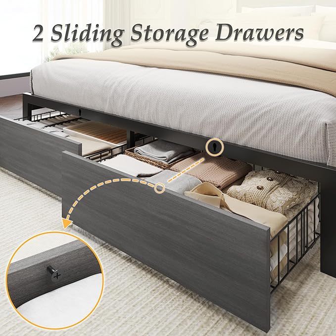 Lifezone Queen Bed Frame with 2-Tier Storage Headboard Metal Bed Frame with Storage Drawers &amp Built-in Charging Station &amp LED Noise-Free No Box Spring Needed Easy Assembly Rustic Grey