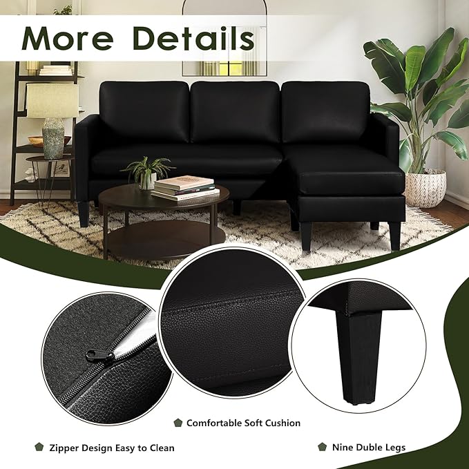 Faux Leather Sectional Couch L Shaped Sofa with 3 Seater Couch and Reversible Chaise Convertible PU Leather Comfy Couches for Living Room (Black)