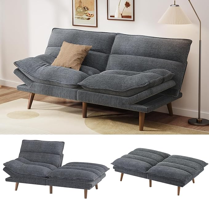 Pipishell Futon Sofa Bed Convertible Futon Adjustable Backrest &amp Armrests Corduroy Sleeper Couch for Small Spaces Living Room Office Guest Room (Asphalt Grey 66 Inch)