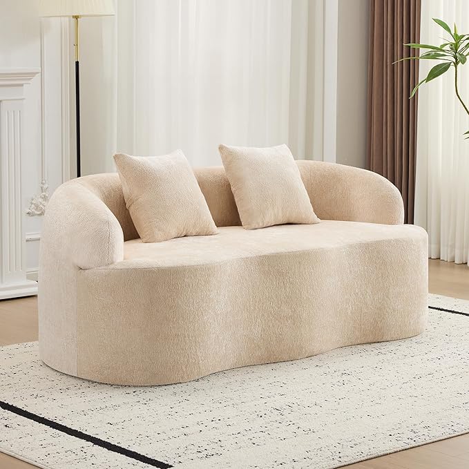 Loveseat Sectional Boneless Sofa for Living Room 67 Chenille Fabric Sofa Deep Seat Curved Cloud Floor Couch with 2 Throw Pillows for Small Spaces Beige