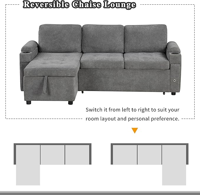 Merax L- Shaped Convertible Sleeper Sofa Bed 3-Seat Couches with Reversible Chaise Lounge | USB Ports | Cup Holder| Drawers | Pull Out Couch for Living RoomGrey