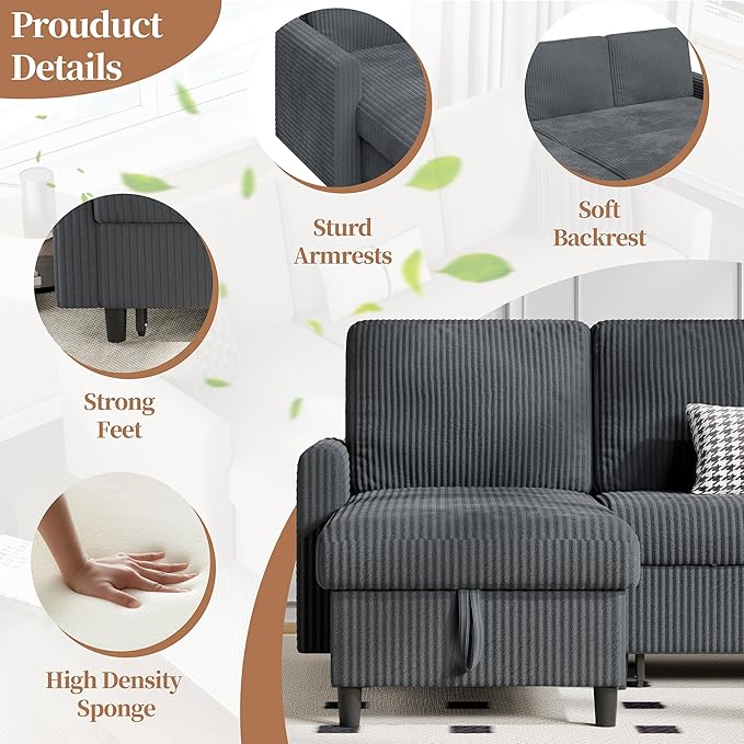 Walsunny Sectional Sofa Couch L Shaped Sleeper Sofa Bed Pull Out Bed with Storage Reversible Sectional Couches for Living Room Apartment Office(Dark Gray)