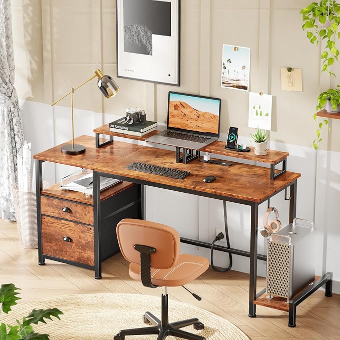 Furologee 55 Computer Desk with File Cabinet and Power Outlets Home Office Desk with 2 Movable Monitor Stands and Storage Drawer Writing Table with Shelves and 2 Hooks for Bedroom Rustic Brown