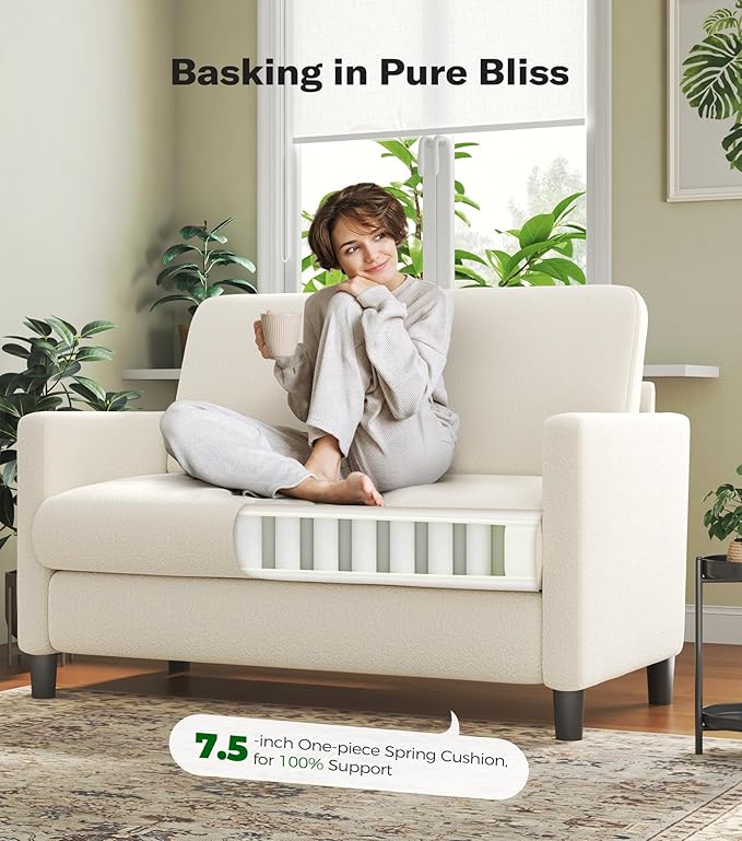 Loveseat Sofa 51 Love Seat Comfy Teddy Small Loveseat for Small Spaces Tool-Free Setup Sofa Couch for Bedroom All-Wood Couches for Living Room No Pillow Included Cream White