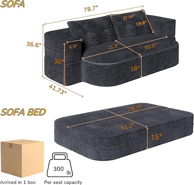 78.7 Full Size Boneless Couch Bed Plush Corduroy Memory Foam Floor Sofa with Multi Functional Blanket 2 in 1Convertible Sleeper Sofa Bed for Living Room Offices Apartment No Assembly (Dark Grey)