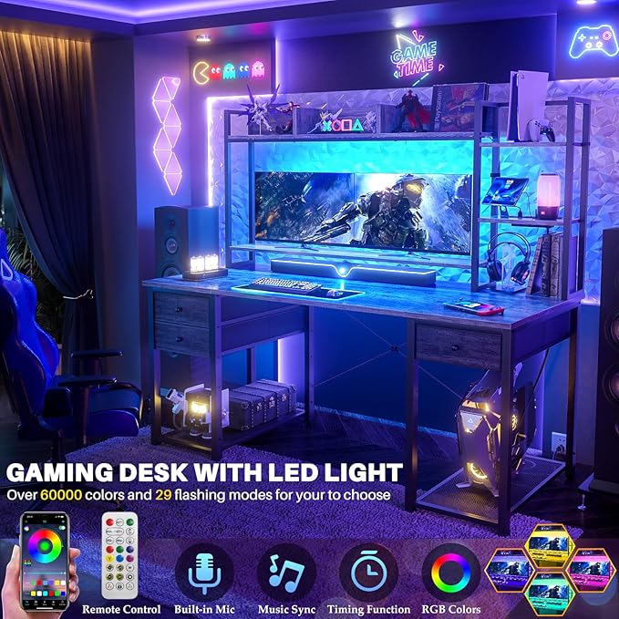 Aheaplus Desk with LED and Outlets Gaming Desks with Hutch 55.2'' Computer Desk with Drawers Reversible Office Desk with Storage Bookshelf Large Workstation with Shelf Desk for Home Black Oak
