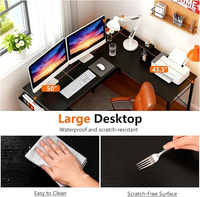 PayLessHere 50 Inch L-Shaped Computer DeskGaming Desk with Durable Metal FrameCorner Desk with Side Storage Bag &amp CPU Stand for Home Office Gaming StudyBlack