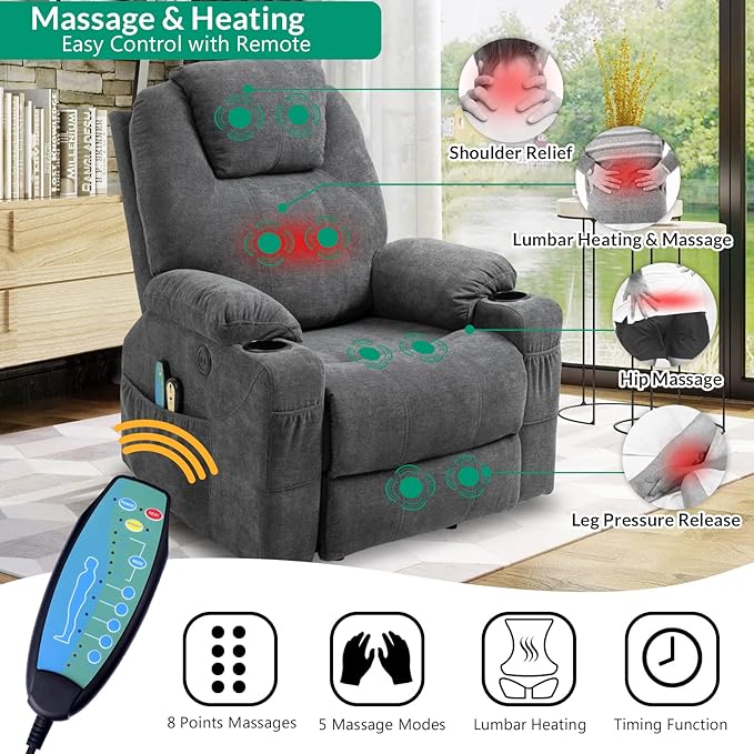 VIVIJASON Power Lift Chair Electric Recliner for Elderly Heated Vibration Massage Fabric Recliner Chair with 2 Remote Controls Cup Holders Side Pockets &amp USB Ports for Living Room (Grey)