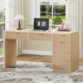 Vabches 60 Executive Desk with Fluted Drawers Wood Home Office Desk with Storage Cabinet Charging Station Fluted Computer Writing Desk for Study Living Room Natural Oak.