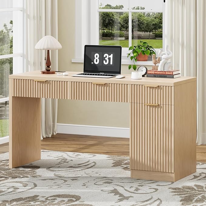 Vabches 60 Executive Desk with Fluted Drawers Wood Home Office Desk with Storage Cabinet Charging Station Fluted Computer Writing Desk for Study Living Room Natural Oak.