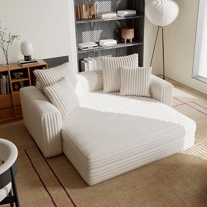 Acanva Oversized Cozy Chaise Lounge Chair Indoor with Removable Ottoman Modern Upholstered Fluffy Sleeper Sofa Bed Comfy Reclining Couch for Living Room Bedroom White