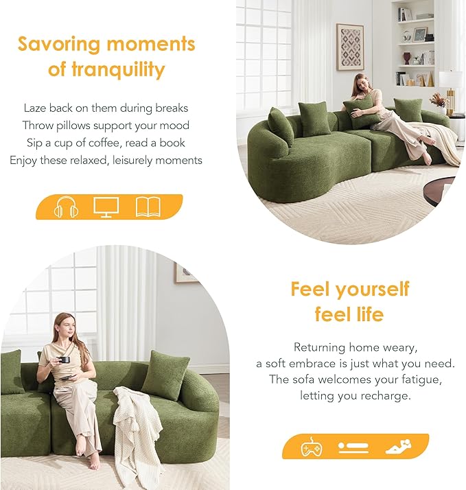 Oversized Sectional Sofa for Living Room 110 Modern Luxury Chenille 4-Seater Extra Deep &amp Wide Seat Curved Cloud Couch with 4 Throw Pillows No Assembly Needed Cream Green