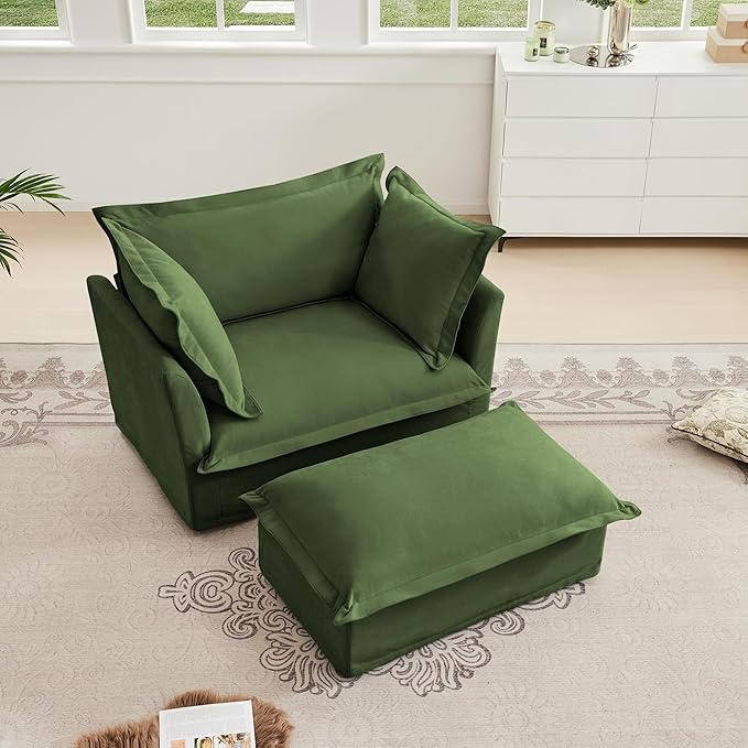 Modern Single Sofa Chair with Ottoman 49 Slipcovered Armchair Oversized Upholstered Accent Chair Comfy Cloud Deep Seat Sofa with 2 Throw Pillows for Living Room Apartment Chenille Green