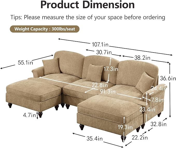 107'' Elegant U Shaped Chenille Mid Century Sectional Sofa Comfy Oversized 5 Seater Cloud Couch with Flared Arms and 2 Ottomans for Living Room