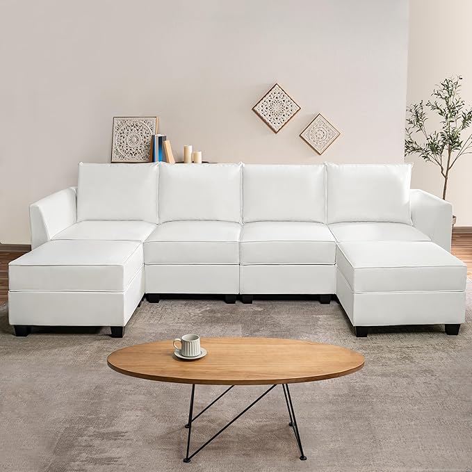 Naomi Home Modular Convertible U-Shaped Sectional Sofa with Reversible Chaise Oversized Couch Elizabeth Sectional Sofa with Ottoman - Air Leather Upholstery White