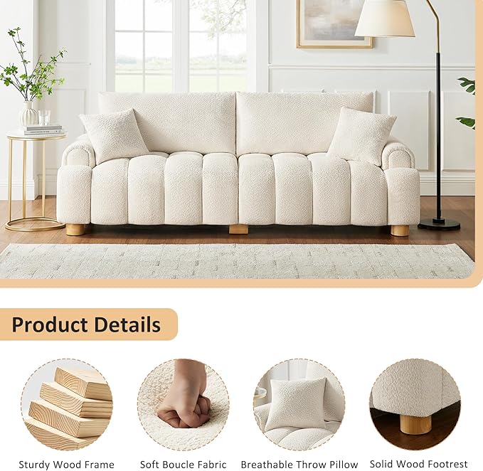 VANOMi Boucle Sofa Couch 91 Comfy Tufted Upholstered Cloud Couches Modern 3 Seater Sofa with Pillows Oversized Deep Seat Sherpa Couch for Living Room Bedroom Apartment (White)