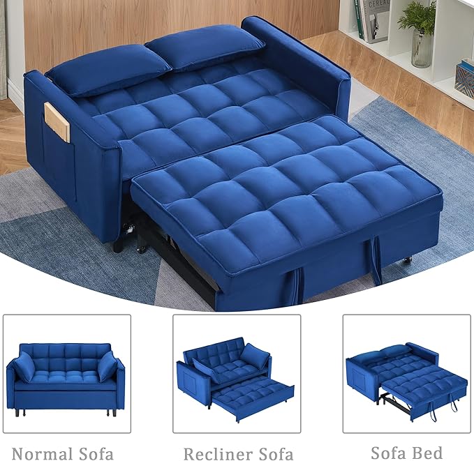 55 Sleeper Loveseat3 in 1 Sofa BedPull Out Couch Bed with 2 Pillows and Side PocketsVelvet Convertible Bed for Small Spaces Living Room (Blue)