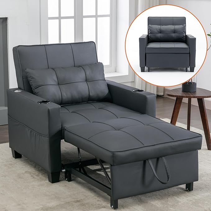 Modern Convertible Sleeper Sofa Bed 3-in-1 Adjustable Futon Couch with Storage &amp Removable Armrests for Apartment Studio Office Small Spaces (Black)
