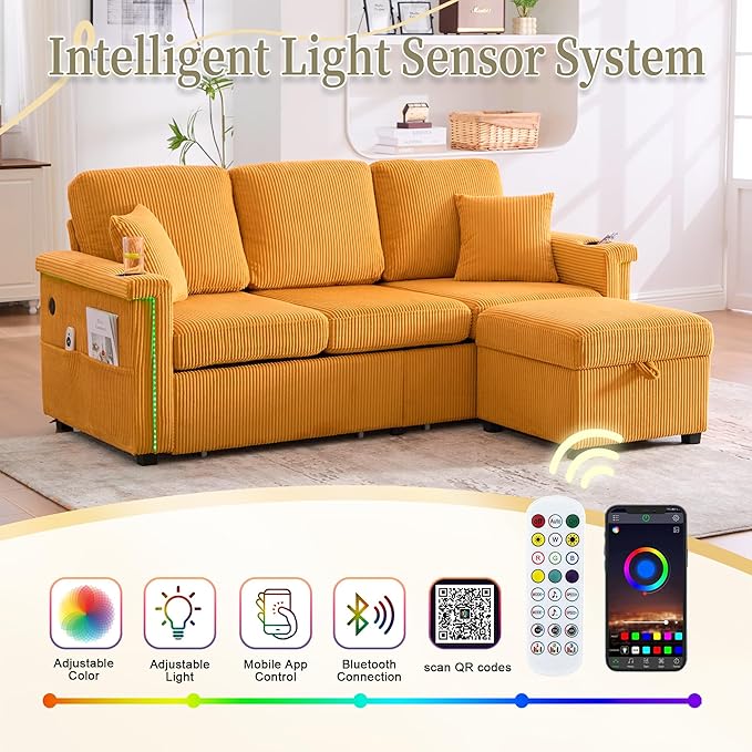 L Shaped Sectional Sofa with Storage &amp Movable Ottoman 76 Corduroy 3 Seater Sectional Couch with USB Charging Cup Holder &amp LED Light Couches for Living Room Mustard Yellow