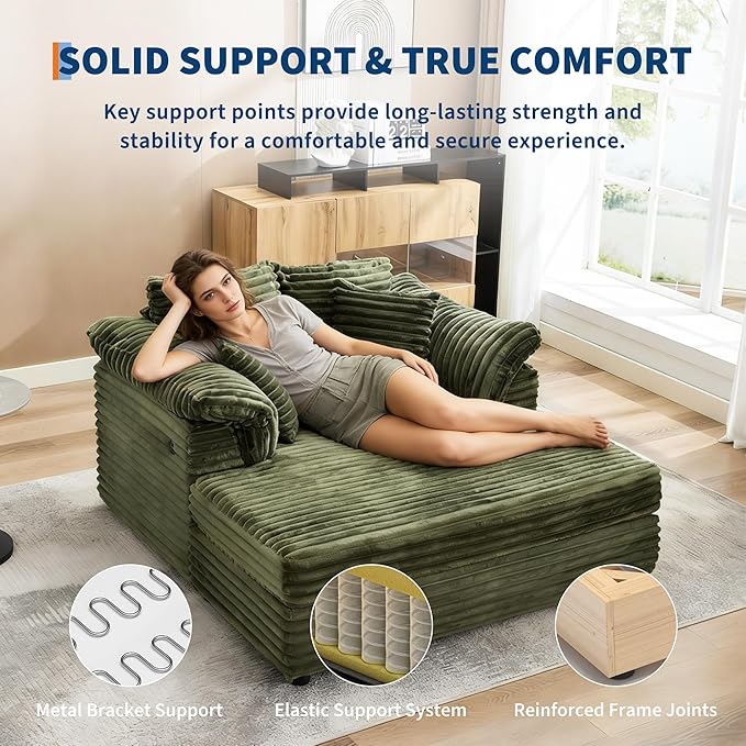 Oversized Chaise Lounge Chair Indoor Upholstered Sofa Bed with Throw Pillows and Armrests Comfy Corduroy Sleeper Couch with Cup Holders and Charging Port for Living Room Bedroom 60 Inch Wide Green
