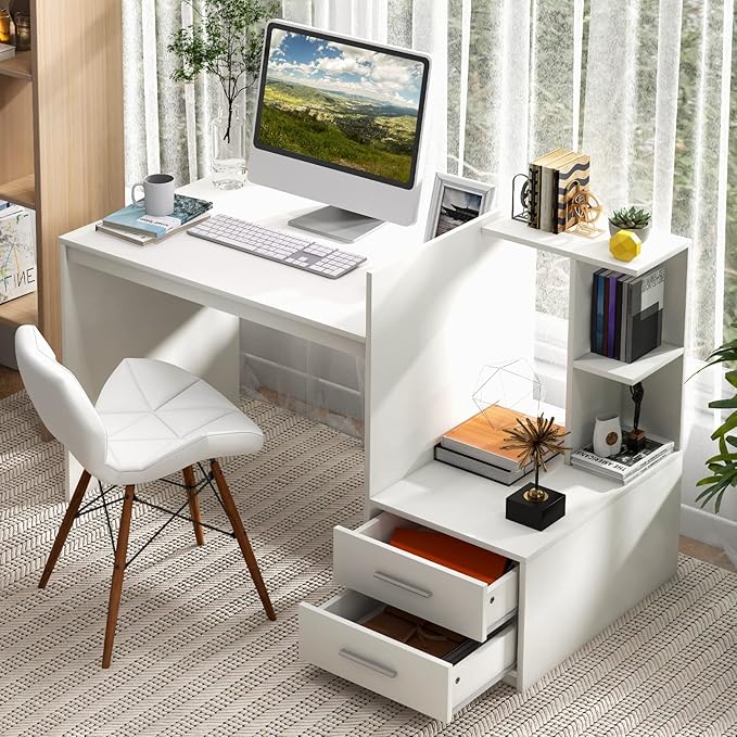 Tangkula White Desk with 2 Storage Drawers &amp Bookshelf Home Office Desk with Corner Bookshelf &amp Printer Stand Small Writing Study Desk for Small Space Modern Vanity Table for Bedroom (White