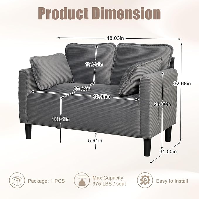 48 Corduroy Loveseat Sofa Small Couches for Living Room Green Couch for Bedroom Apartment Dorm 2 Seater Mini Sofa with Side Pocket High Rebound Sponge Cushion Easy Assembly (Grey)