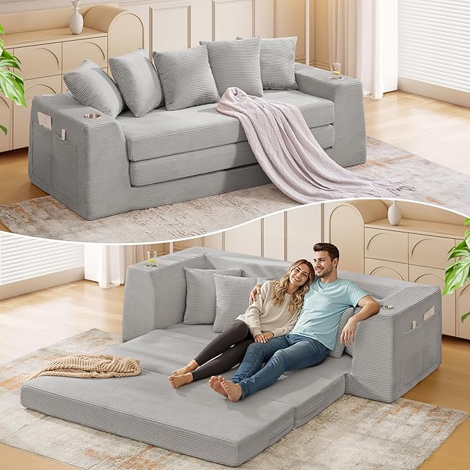 82 Oversized Loveseat Pull Out Sofa 2 in1 Convertible Loveseat Sofa with Pillows Corduroy Folding Couch Bed with Deep Seat Boneless Couch for Small Room No Assembly Required Light Grey