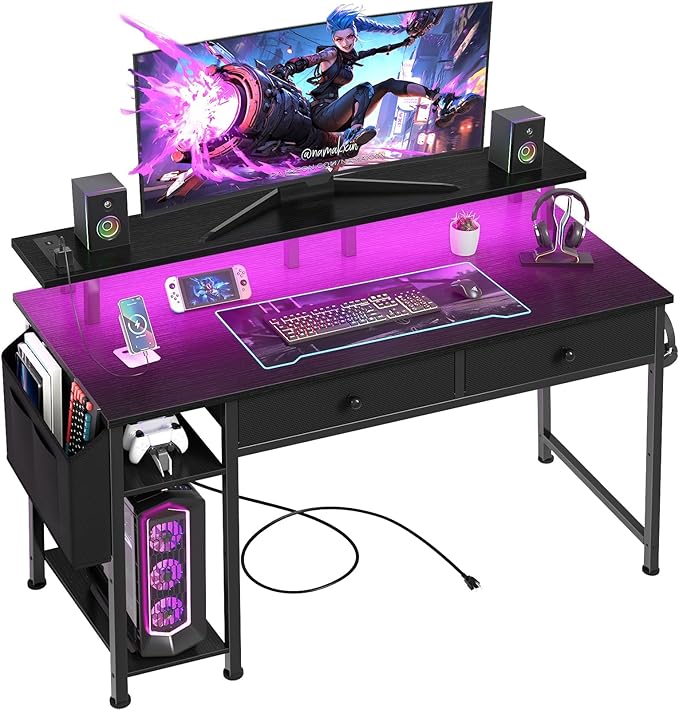 DLisiting Black Gaming Desk with Shelves and Drawers - 39 Inch Small Gaming Desk with Storage Shelves for Boys Teens Bedroom Black Computer Desks with Drawers Monitor Stand Power Outlet