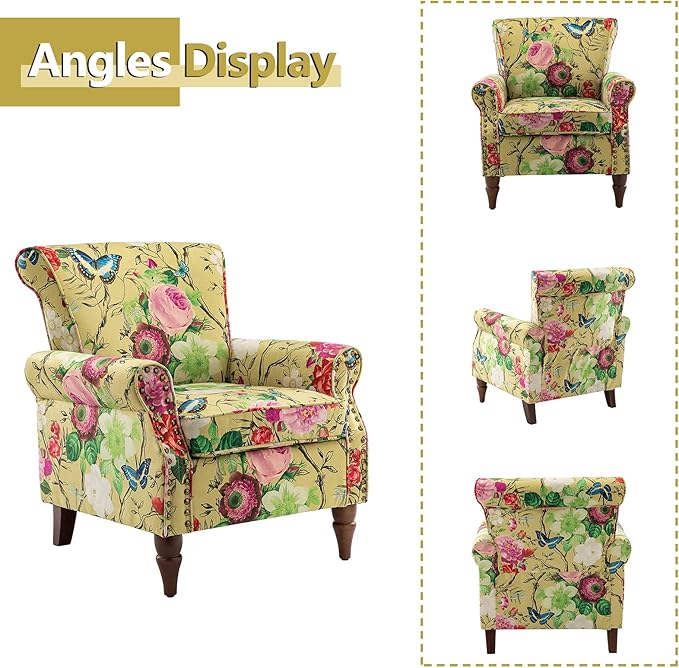 HULALA HOME Modern Wingback Accent Chair with Wood Legs &amp Removable Cushion Comfy Upholstered Armchair with Nailhead Trim Floral Pattern Single Sofa Chair for Living Room Bedroom Mustard