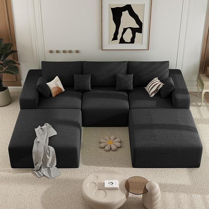113 Modular Sectional Sofa Convertible U-Shaped Cloud Couches for Living Room with Ottoman 5 Seater Chenille Boneless Couch Sofa Set No Assembly Required Black 1 PCS