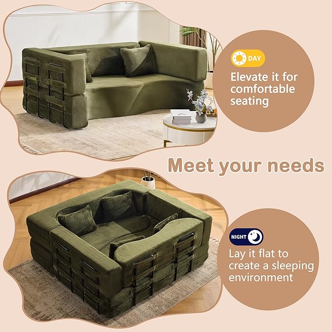 2-in-1 4 Seat Folding Sofa Bed with Pillow No Assembly Futon Twin Size Sofa Bed Breathable Velvet Convertible Couch Bed for Living Room and Guest Room 71.65 Inch Pink