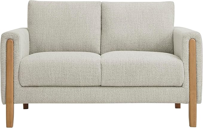 Modway Hawken 54 Inch Boucle Loveseat in Parchment Beech with Wood Legs – Mid-Century Modern Small Space 2-Seater Sofa for Living Room Bedroom or Office Lounge