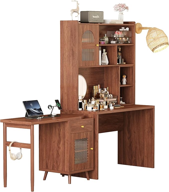 Computer Desk with 90 Degree Rotating Desktop and Bookshelf Office Desk with Drawer and Cabinets Gaming Desk with Shelves Writing Desk for Home Office Bedroom Living Room (Walnut-5.9)
