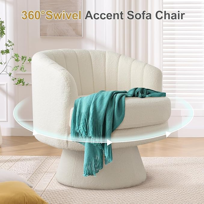 INZOY Swivel Accent Chair with Armrest Set of 2 Sherpa Teddy Barrel Vanity Chairs Modern 360 Degree Swivel Chair with Curve Back Armchair for Living Room Bedroom Small Spaces (Beige)