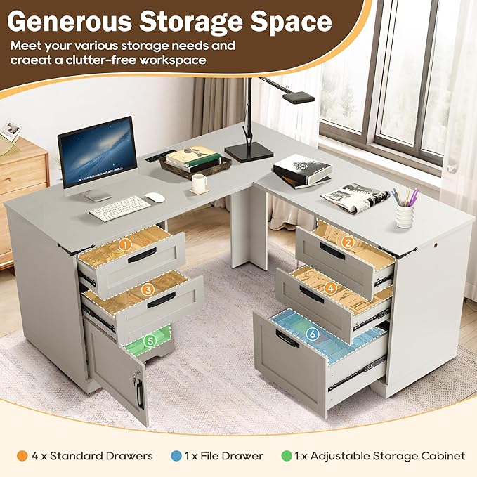Farmhouse L Shaped Executive Desk 60 Home Office Desk with Drawers &amp Charging Station Wood Corner Computer Writing Desk with File Drawer and Storage Cabinet for Home Office (Light Grey)