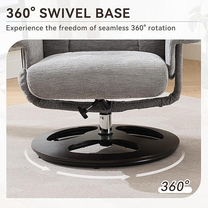 Ergonomic Recliner Chair with Ottoman for Adults 360° Swivel Massage Lounge Chair with 5-Point Vibration &amp Heated Seat140° Adjustable Chenille Recliner for Living Room Office (Grey+Chenille)