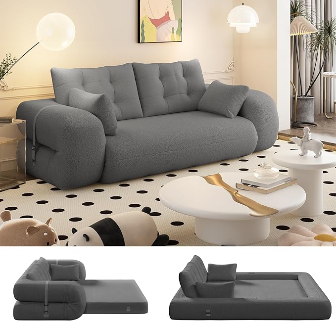 78.7 Convertible Folding Sofa Bed Queen Sleeper Sofa with Pillow Modern Teddy Fabric Futon Loveseat Couch High-Density Memory Foam Mattress for Living Room Guest Use Office Apartment Grey