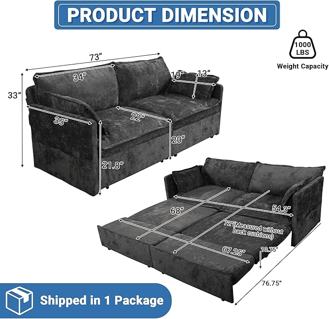 73 Sleeper Sofa Bed 3-in-1 Pull Out Couch with USB/Type-C Charging &amp Side Pockets Convertible Chenille Loveseat Chaise Lounge Space-Saving Sofa for Living Room Black