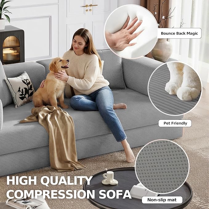 98.4'' Boneless Sleeper Sofa BedConvertible Futon Couch with Storage Pocket and 2 PillowsModular Corduroy Sofa for livingroomSmall speaceGray