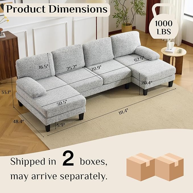 Karl home 110 Sectional Couches for Living Room U-Shape Sofa with Chenille Upholstery 4 Seat Sofa Set with Double Chaises &amp Wood Grain Legs for Apartment Light Gray