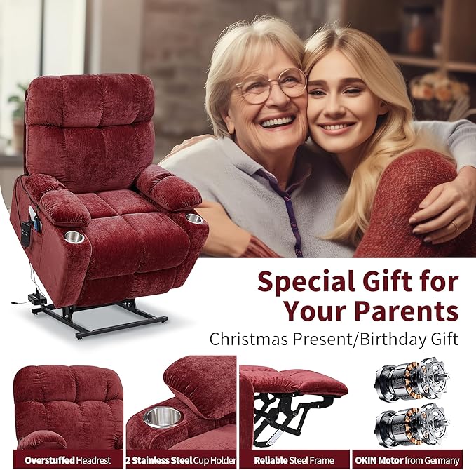 Large Power Lift Recliner Chair with Massage and Heat for Elderly Big and Tall People Dual Motor 180° Lay Flat Overstuffed Wide Velvet Lift Recliners with 2 Cup Holders Side Pocket