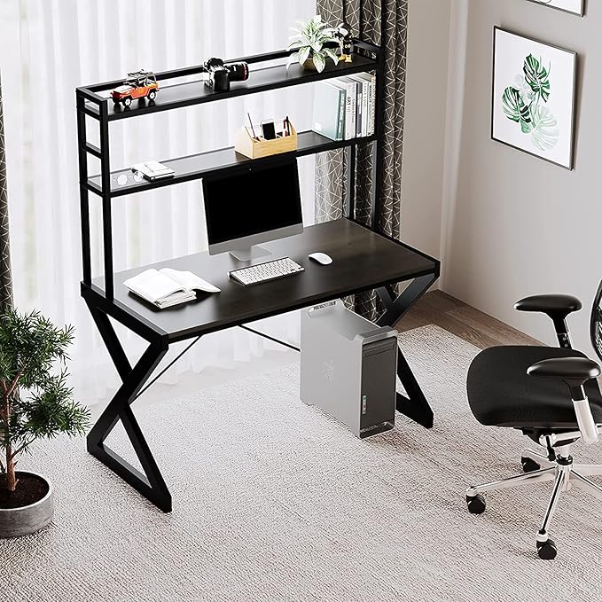 47 Industrial Desk with Shelves Study Writing Ladder Desk with Bookshelf Computer Desk with Hutch PC Workstation Gaming Table for Home Office Metal Frame Brown