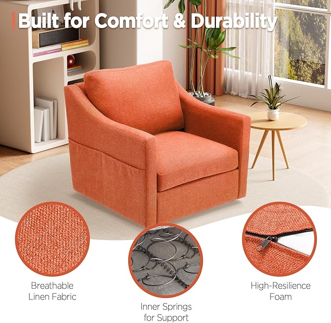 HOMREST 360° Swivel Accent Chair Single -Terracotta Orange Linen Fabric Armchair with Lumbar Pillow &amp Storage Pockets Ergonomic Barrel Chair for Living Room Office Bedroom