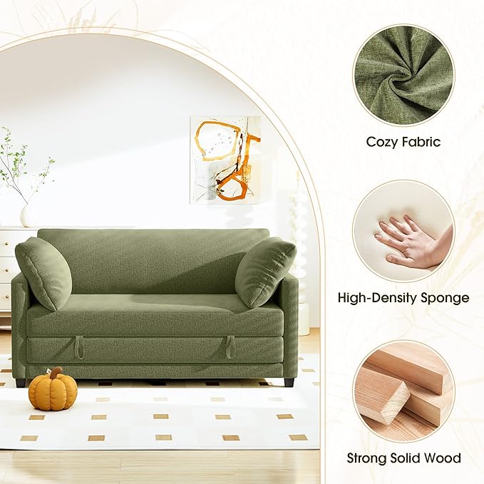 65 Convertible Loveseat Sofa Bed 2 in1 Folding Sofa Bed Loveseat Sleeper Sofa for Small Spaces Fold Out Floor Couch with 2 Pillows for Apartment Office &amp Guest Room (Green Chenille 65 inch)