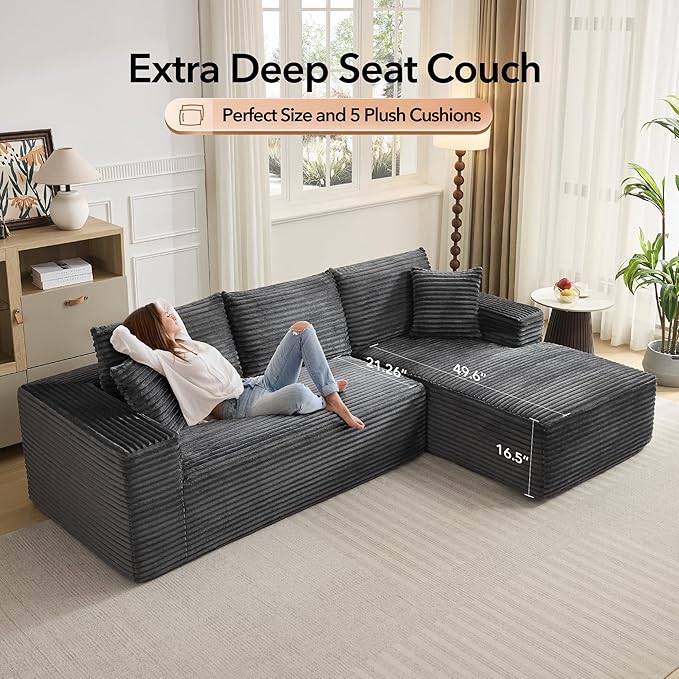 108 Cloud Sectional Couch with L-Shape Chaise Modern Modular Sofa with Deep Seat Boneless Cloud Couches for Living Room Bedroom No Assembly Required Plush Corduroy (Dark Gray Right Facing Chaise