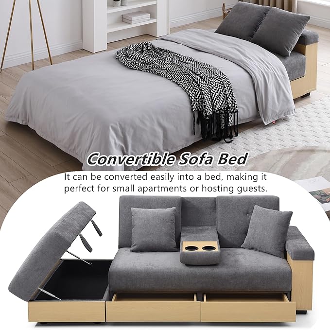 Convertible Sofa Bed 85 Folding Sectional Sleeper Sofa with Storage Ottoman Drawers Built-in Bookshelves and 2 Cup Holders Linen (Gray)