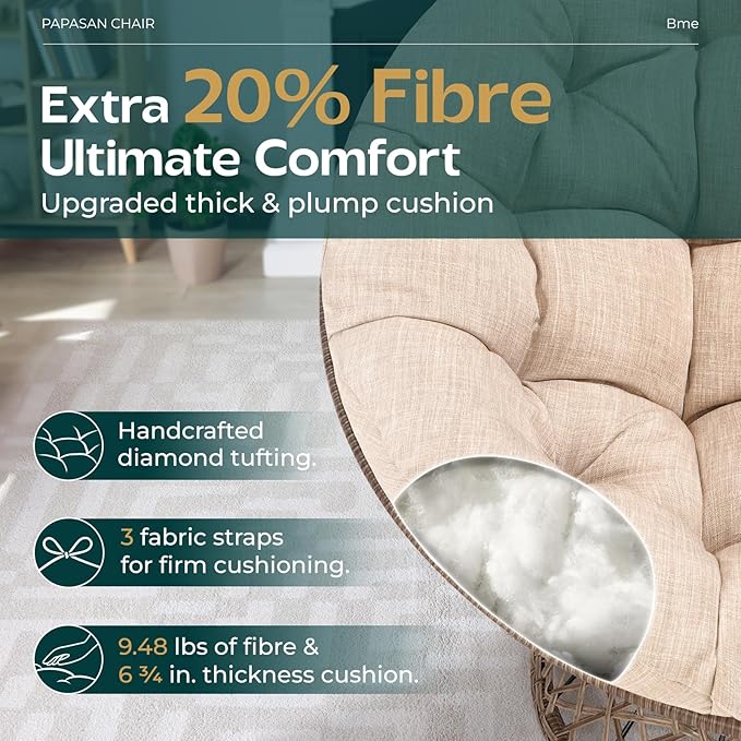 Bme 40 Ergonomic Wicker Papasan Chair with Soft Thick Density Fabric Cushion High Capacity Steel Frame 360 Degree Swivel for Living Bedroom Reading Room Lounge Sepia Sand - Brown Base