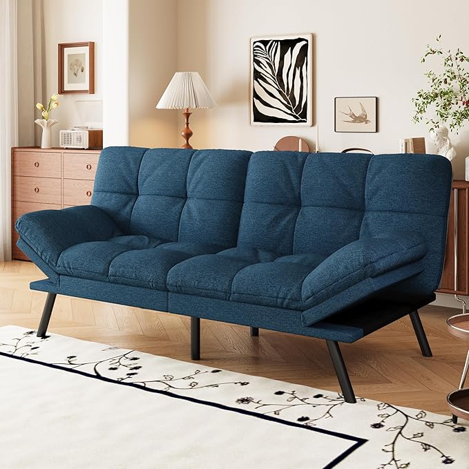 Convertible Futon Sofa Bed71 Memory Foam Futon CouchDetachable CushionAdjustable Backrest &amp ArmrestLinen Modern Loveseat Sleeper Recliner for Living RoomOfficeApartmentRoyal Blue